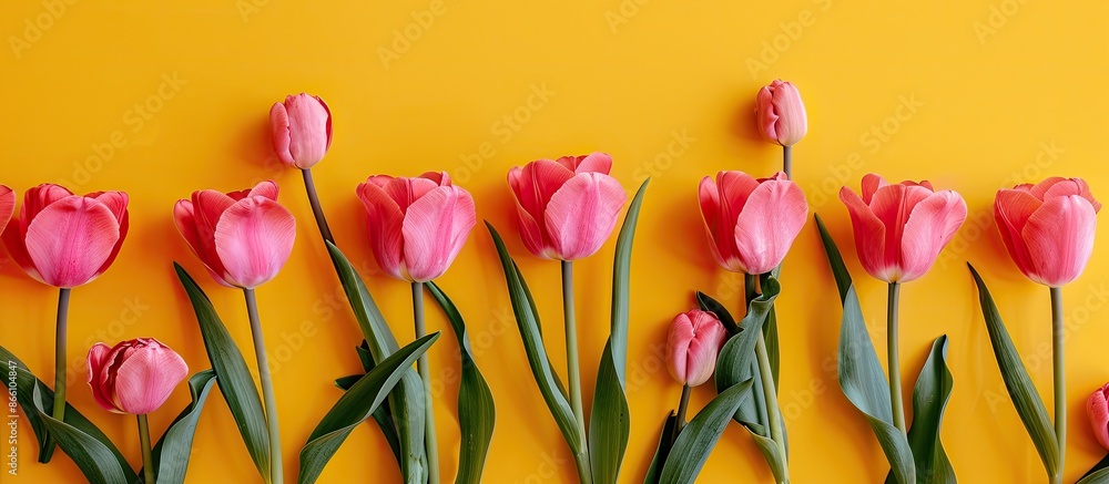 Poster pink tulips arranged artistically on a vibrant yellow backdrop create a charming greeting card with 