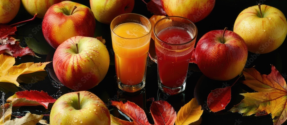 Poster close-up of two glasses with different fruit juices on a black backdrop, surrounded by slices of rip