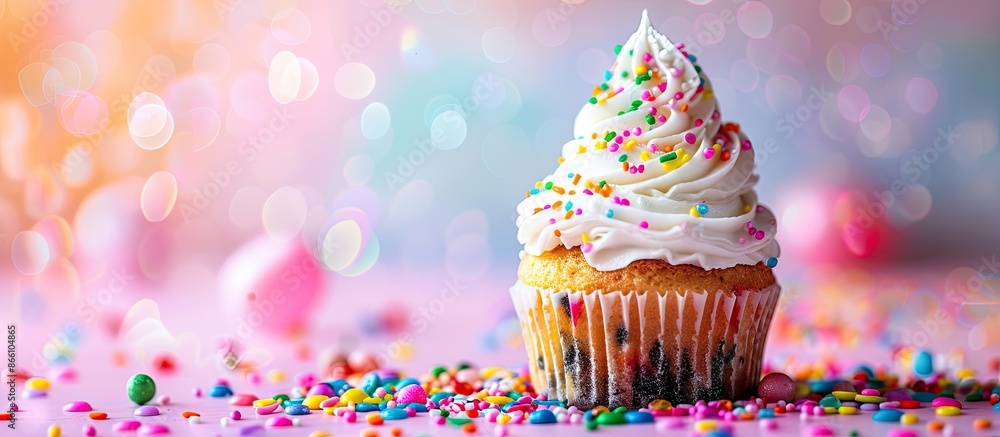 Poster delicious cupcake with colorful sprinkles and frosting on a bright background with copy space image.