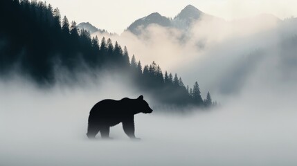 Bear silhouette in a magical misty scene, fog rolling over hills, mountains, and lush forest, serene and abundant atmosphere, symbolizing longevity