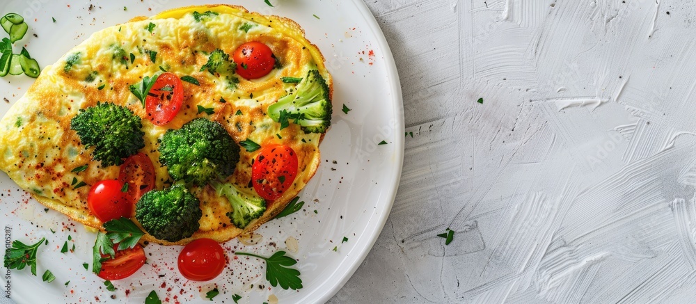 Wall mural Broccoli and tomato omelette on a white plate with ample space for adding text and designing. Delicious.