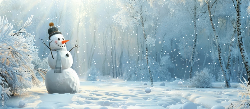 Poster a charming snowman blends in with the snowy forest backdrop, offering ample copy space for an image.