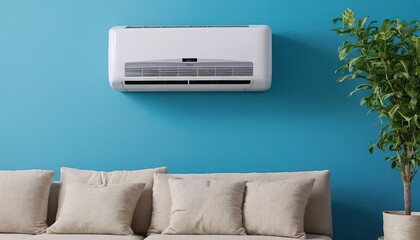 Empty blue living room with air conditioner 3d interior. Air conditioning on the wall in the living room with large windows and indoor plants