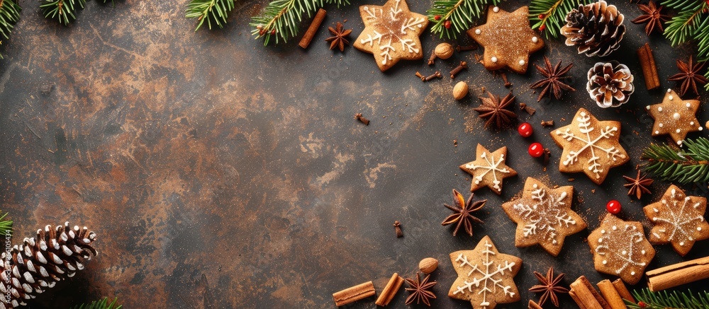 Wall mural Top view of Christmas cookies surrounded by traditional holiday elements like fir branches, pine cones, cinnamon sticks, and anise stars on a festive background with copy space image.