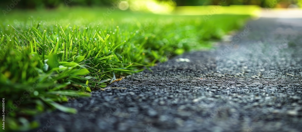 Poster a close-up image of lush green grass on the roadside with abundant copy space image.
