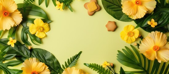 Obraz premium A decorative green paper frame featuring gingerbread cookies, yellow primrose blooms, leaves, placed in a flat lay on yellow paper with copy space image.