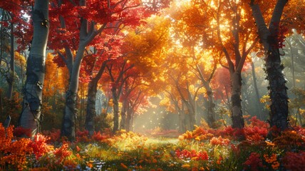 Sunlight streams through a vibrant autumn forest path, trees ablaze with red and orange leaves.  Concept of fall, nature, scenery, beauty.