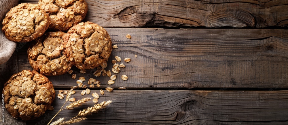 Poster oat cookies arranged decoratively on a rustic wooden table with copy space image available.