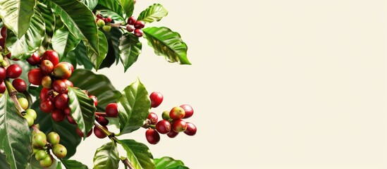 A picturesque coffee-themed border design featuring real coffee plants with ripe fruits, roasted beans, and red beans on a branch, providing a captivating copy space image.
