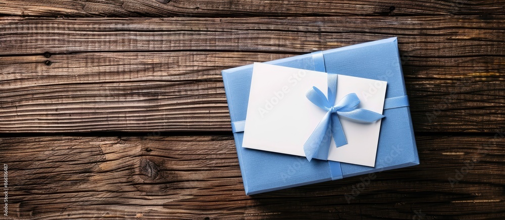 Poster a blue gift box and a white card on a wooden tabletop provide space for placing product or artwork i