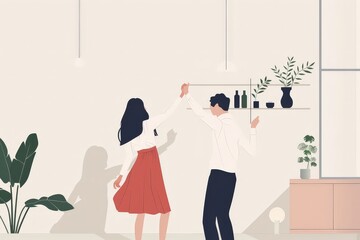 Minimalist Vector Illustration of Joyful Couple Dancing in Living Room