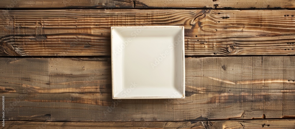 Poster a perspective shot of an empty square plate on a wooden backdrop with room for your design in the co