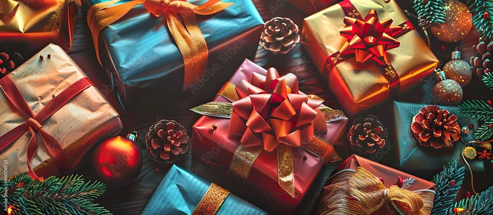 Poster presents exchanged during the festive season. copy space image. place for adding text and design
