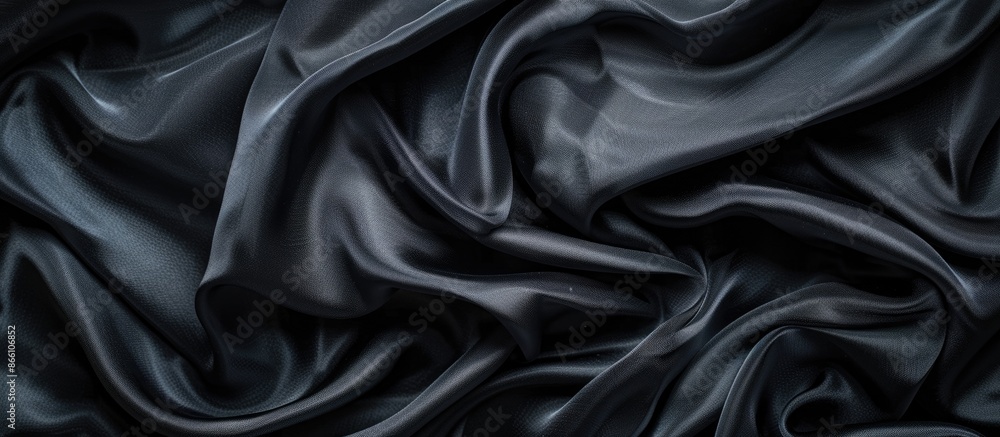 Poster detailed view of creases in a piece of black silk fabric, showcasing intricate texture and pattern w