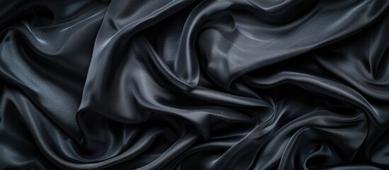 Fototapeta premium Detailed view of creases in a piece of black silk fabric, showcasing intricate texture and pattern with copy space image.