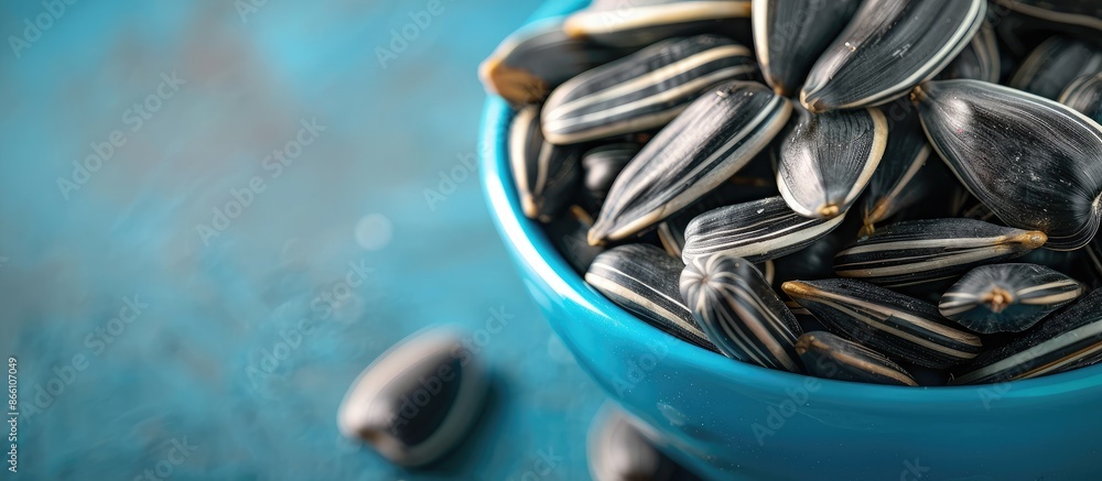 Poster close-up of black sunflower seeds in a bowl on a bright background with a blank space for text or im