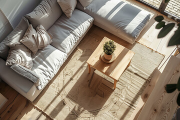Top down view of a living room in a modern house