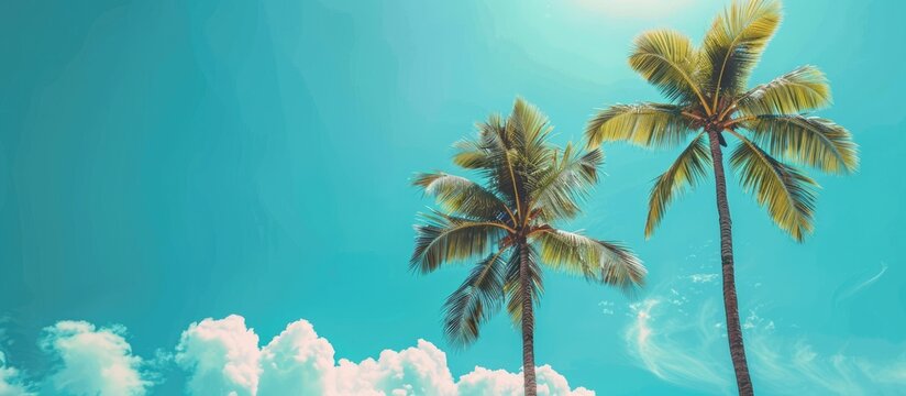 Background of blue sky with three palm trees and empty space on the edges.