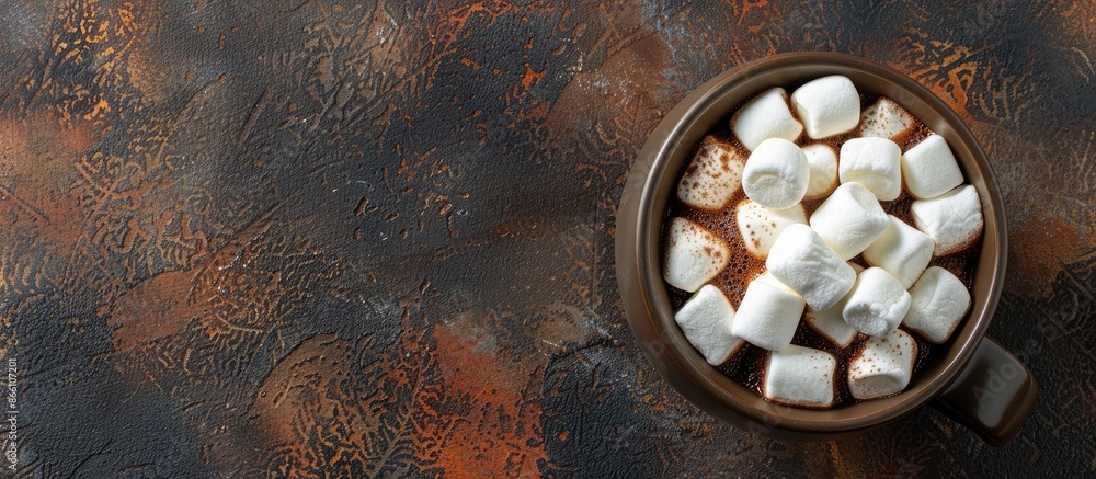 Poster tasty hot cocoa topped with soft marshmallows, shown in a copy space image.