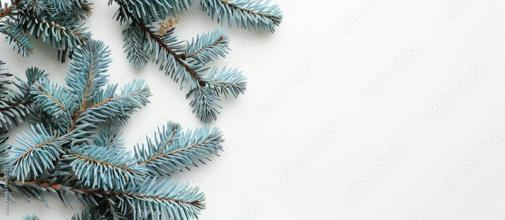 Aufkleber top view of fir tree branches in blue and tidewater colors on a white background with copy space ima
