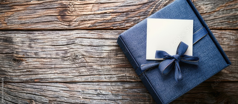 Poster a blue gift box and a white card on a wooden tabletop provide space for placing product or artwork i