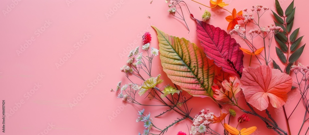 Poster a flat lay composition featuring a colorful leaf and flower arrangement against a pink backdrop with