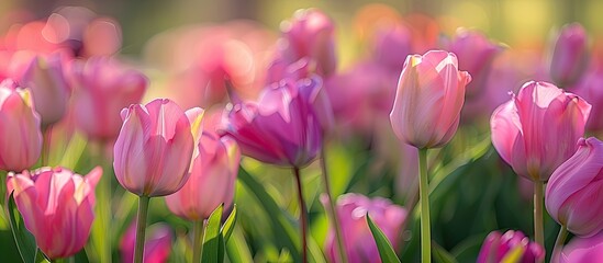 Fototapeta premium A close-up of vibrant pink tulips with a blurred field in the background, creating a bokeh effect. This outdoor scene is captured during the day, offering a serene view with copy space image.