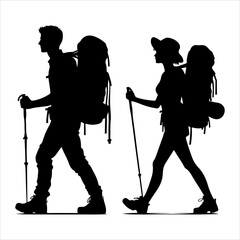 Silhouette of hiker. Collection of male and female hiker. mountaineer climber hiker people, vector silhouette collection. hiking man and woman with rucksack silhouette. Backpacker and climber people.