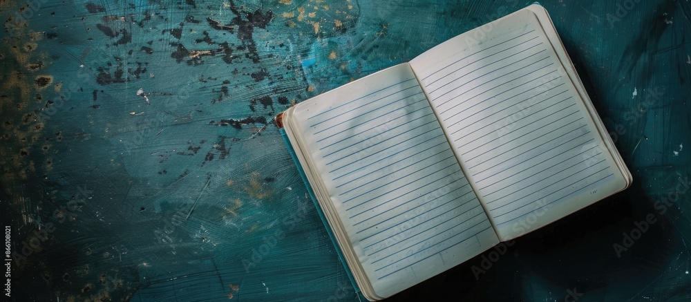 Poster top view picture of an open notebook with lined paper texture background, ready for copy space image