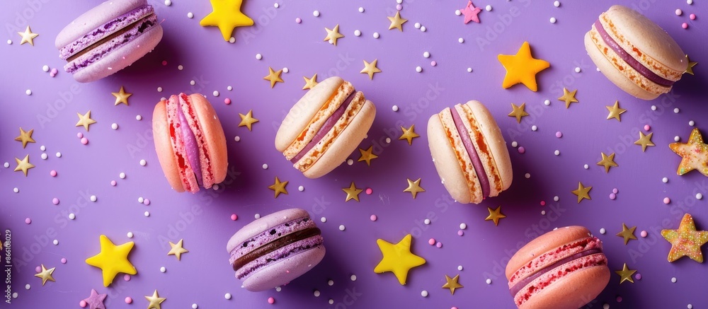 Poster Top-down view of vibrant macarons on a purple backdrop adorned with miniature stars suitable for use as a copy space image.