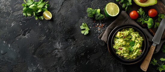 A top-down image of guacamole in a rustic ceramic bowl with ingredients on a dark background and an aged cutting board, featuring a spacious area for text or graphics. Copy space image