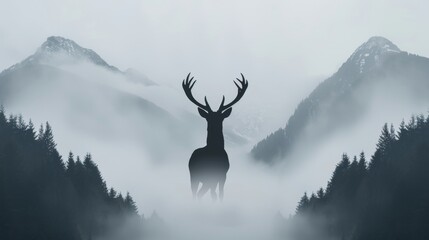 Naklejka premium Deer silhouette in a magical misty scene, fog-covered hills, towering mountains, dense forest, conveying a sense of abundance and longevity