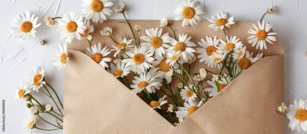 Poster a kraft paper envelope featuring a messages blank space alongside charming daisies in white and oran