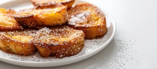 A plate with torrijas, a traditional Spanish dessert for Lent and Easter, showcased in a closeup on a white background providing copy space image.