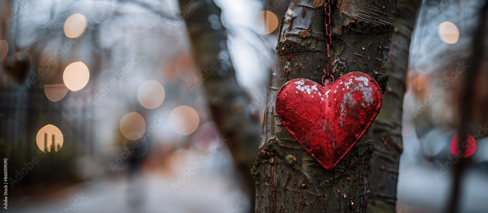 Poster a single red metal heart crafted by hand hangs on a tree, acting as a decorative element on the stre