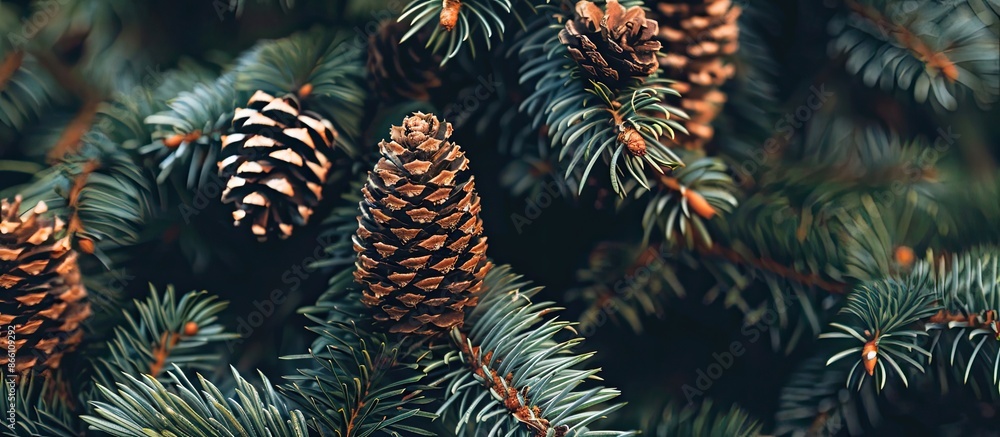 Poster background with tree branches showing cones, copy space image.