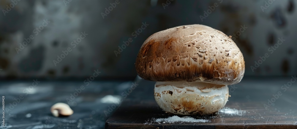 Poster a mushroom on a dark backdrop, perfect for a recipe idea with ample copy space image.