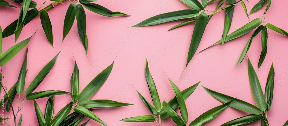 Poster bamboo leaves in green hues arranged against a pink backdrop, leaving an unoccupied space for images