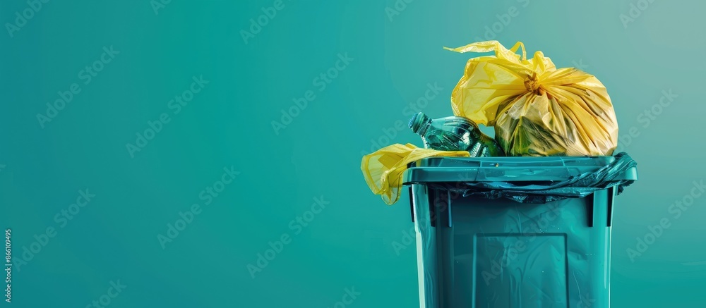Poster concept of waste management and recycling illustrated by a garbage bag in an open trash bin with cop
