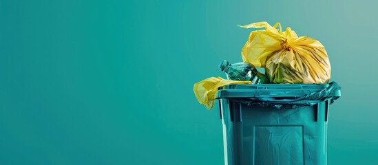 Concept of waste management and recycling illustrated by a garbage bag in an open trash bin with copy space image.