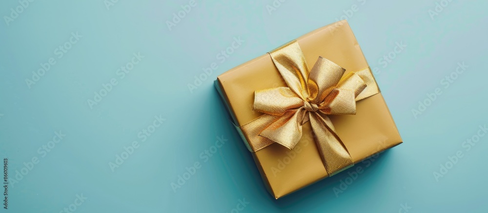 Poster gift box with gold wrapping and bow on a blue backdrop with ample copy space image.
