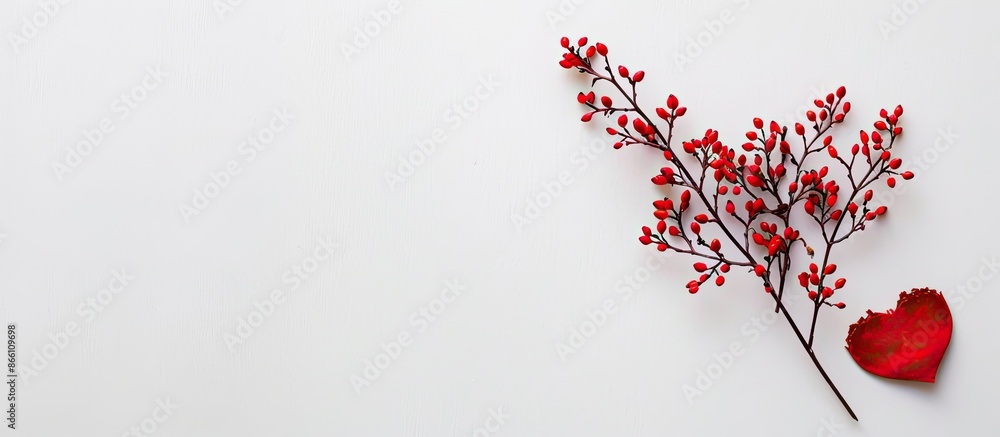 Poster a red heart-shaped plant on a plain white backdrop with space for text, perfect for a valentine or n