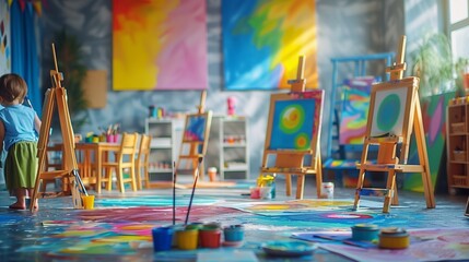 Serene back to school art room with easels, paintbrushes, and colorful paintings, children engaged in creative activities, inspiring setting