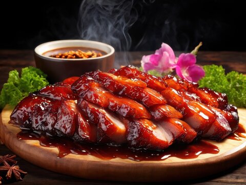 Char Siu (Chinese BBQ Pork): Glazed, roasted pork slices with a sticky, sweet-savory coating. Served on a wooden board with pickled vegetables and a dipping sauce. Chinese cuisine. generative AI