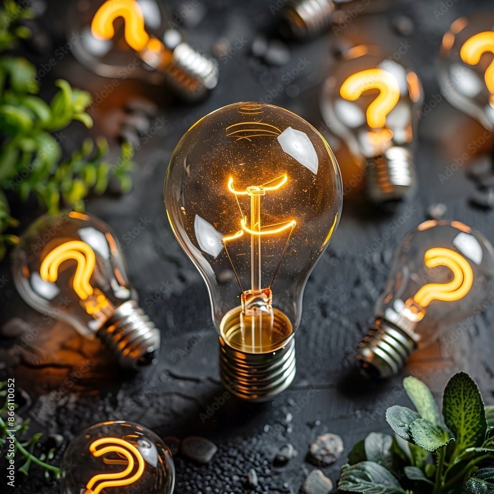 Poster light bulb surrounded by question marks representing curiosity and new ideas