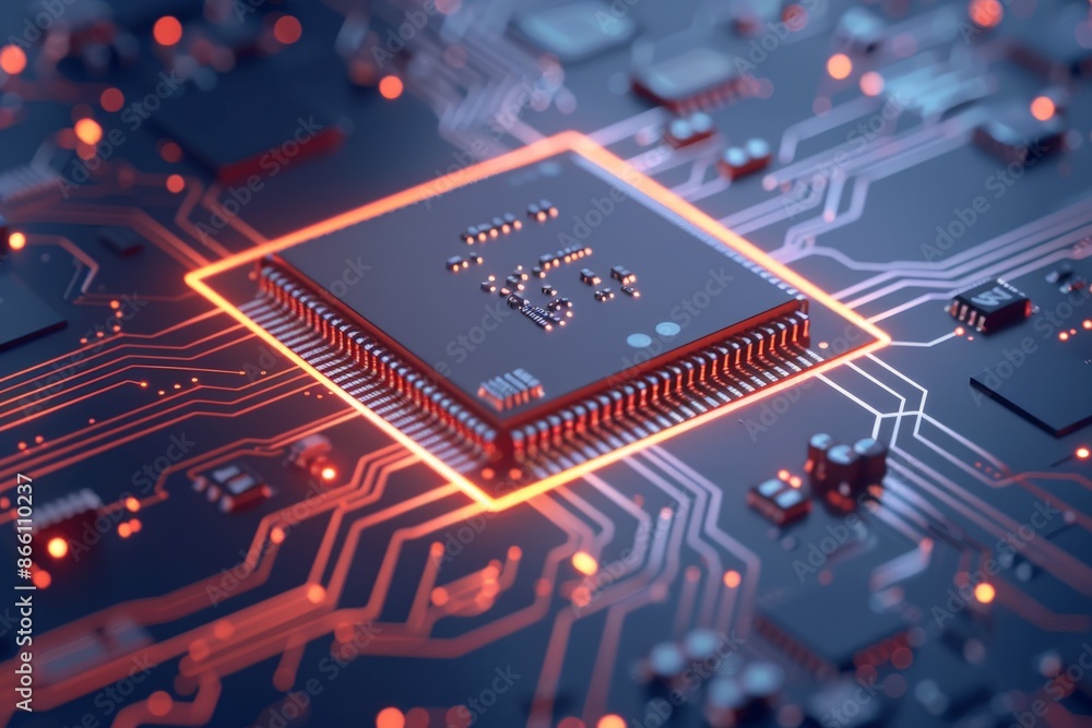 Poster futuristic smart device with advanced microchip interface in minimalist 2d flat illustration