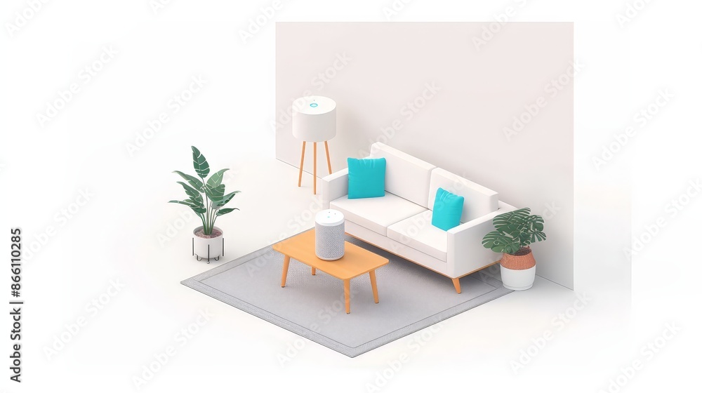 Poster Futuristic Smart Assistant Device with Advanced Microchip Technology for Voice Recognition and AI Capabilities in 2D Flat Illustration