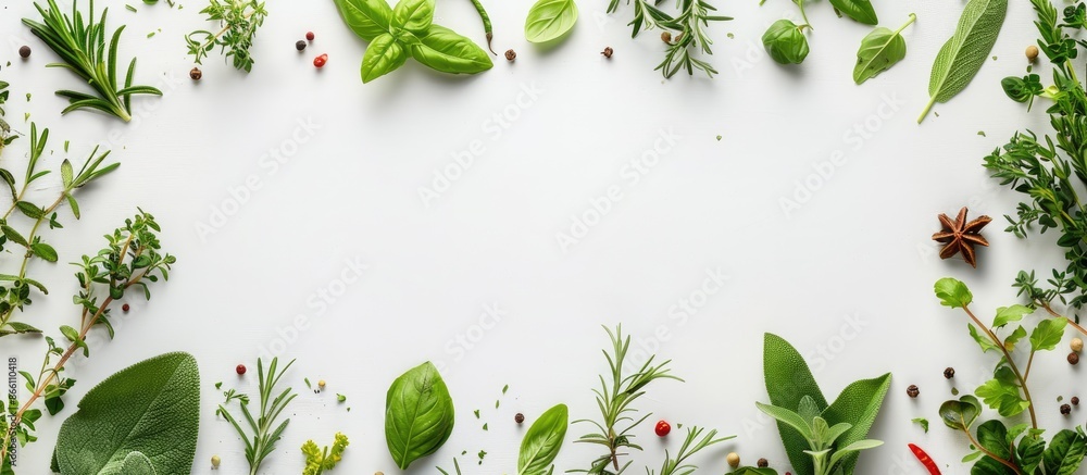 Poster top view of fresh greens, herbs, and spices on a white backdrop with ample space for text or other e