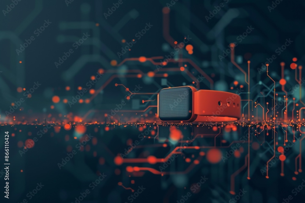Poster futuristic smart fitness tracker with advanced microchip technology in minimalist 2d flat design