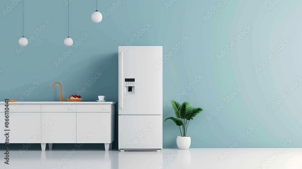 Poster futuristic smart refrigerator illustration with advanced microchip technology in minimalist 2d desig